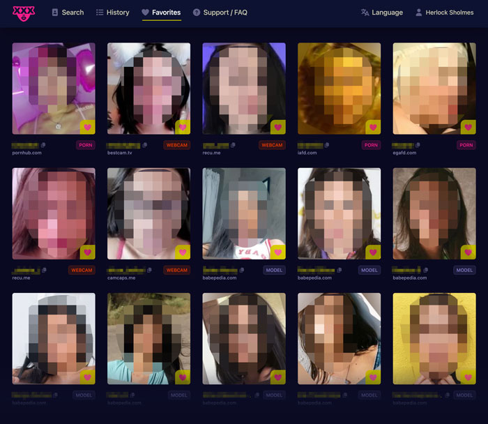 xxxFace favorites list interface screenshot