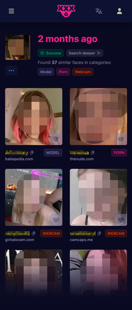 xxxFace face search results interface screenshot on mobile